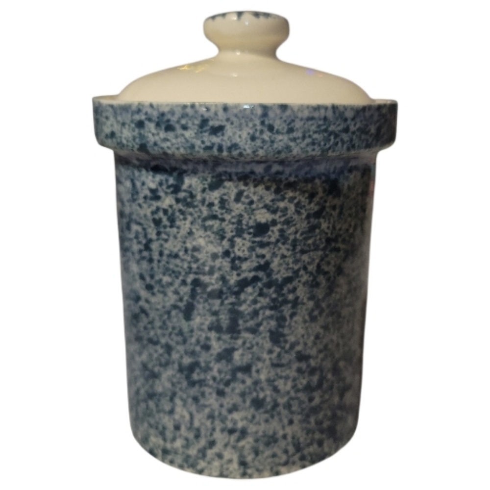 Vtg 60's Blue White Speckled Stoneware Crock Canister Sponge Spatterware W/Lid - Picture 3 of 8